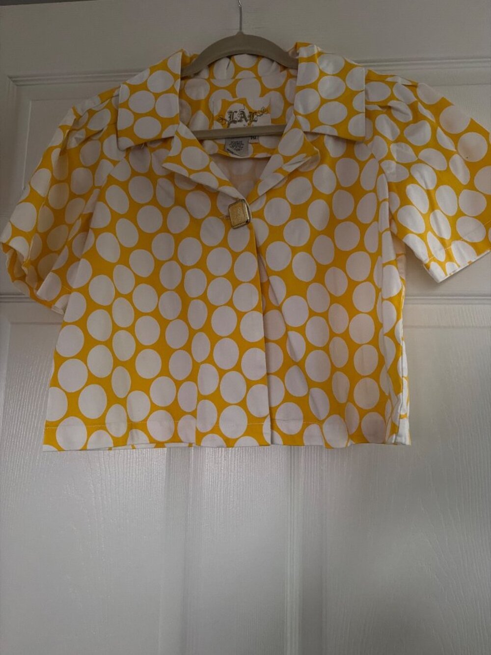 LAL Live A Little Yellow & White Polka Dot Cropped Blouse PM 98% Cotton 2% Spand